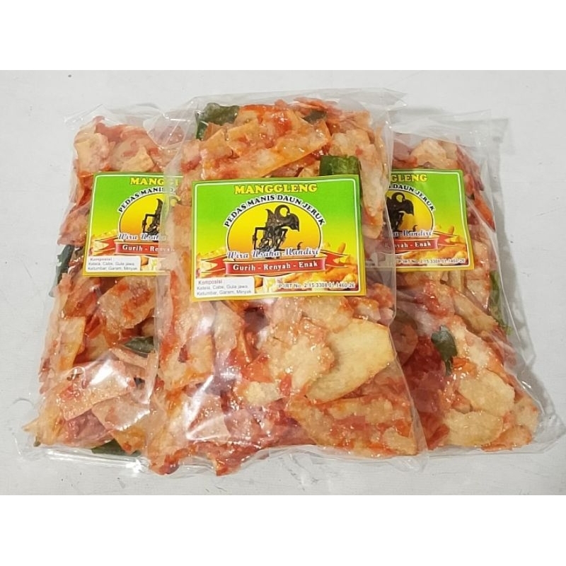 

Snack Cemilan Termurah Keripik Manggleng (Singkong) rasa Pedas Manis Daun Jeruk