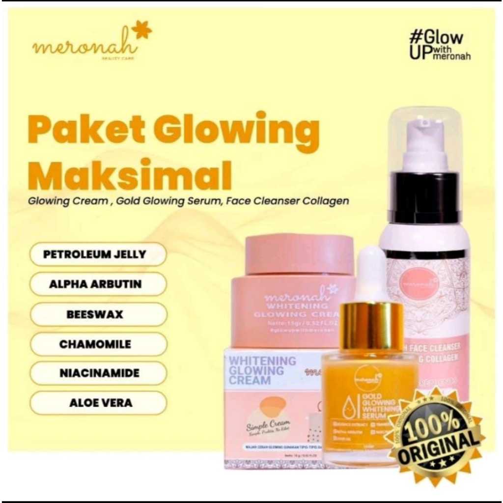 Paket Meronah Cream+Sabun Collagen+Serum Gold Glowing Original 100%