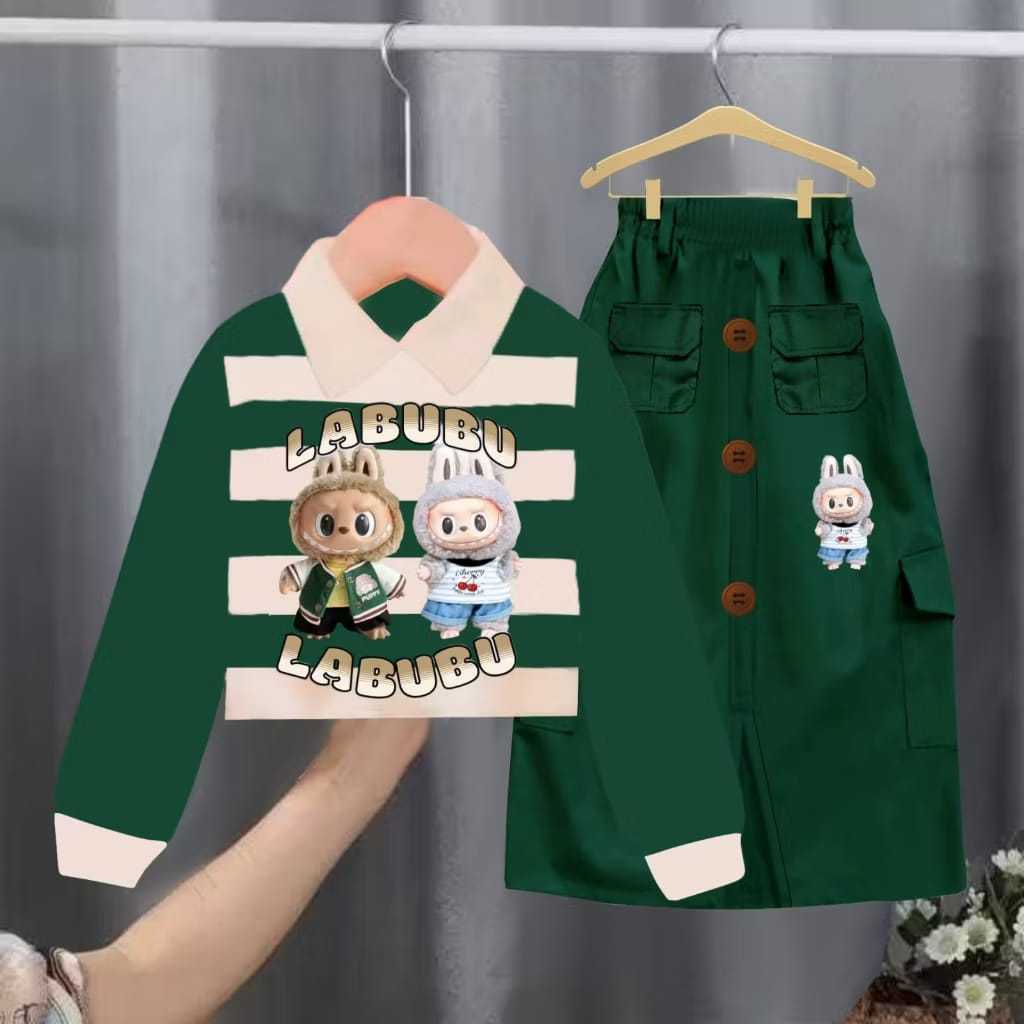 STELAN ROK ANAK PEREMPUAN MOTIF LABUBU WARNA HIJAU ARMY USAI 2 TAHUN - 12 TAHUN