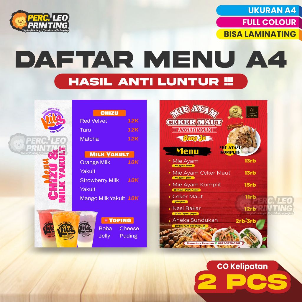 

Daftar Menu A4 Bahan Kertas Tebal + Laminating ANTI LUNTUR FREE DESAIN TAMPLATE