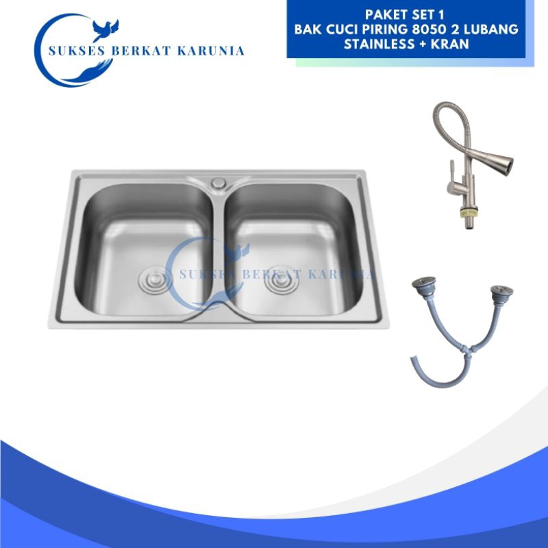 Paket Set Bak Cuci Piring 8050 2 Lubang Stainless + Kran Cuci Piring