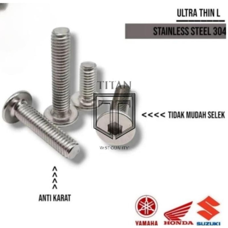 Baut Ultra Thin M6 x 16 / M6 x 18 / M6 x 20 / M6 x 22 SS304 Baut L Drat 6mm Hexa Baut Super Tipis