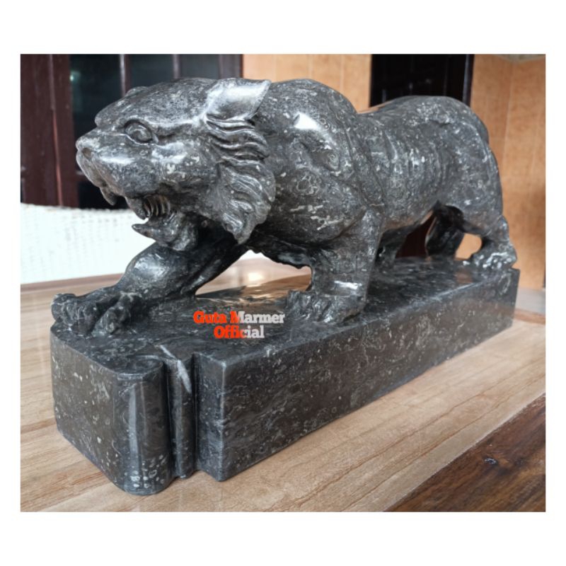 Patung Harimau + Papan Nama Batu Marmer Gray Motif Glosy Mengkilat Rapi