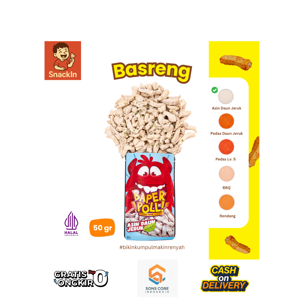 

SNACKIN Cemilan Basreng Baper Poll Rasa Asin Daun Jeruk- isi 50gr Beli 4 Gratis Ongkir