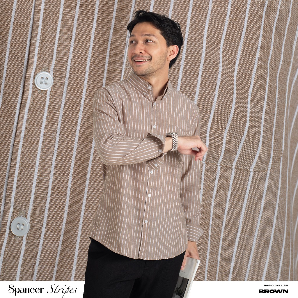 Kemeja Garis Pria WOODCUTTER Basic Spancer Stripes - Brown Coklat Lengan Panjang