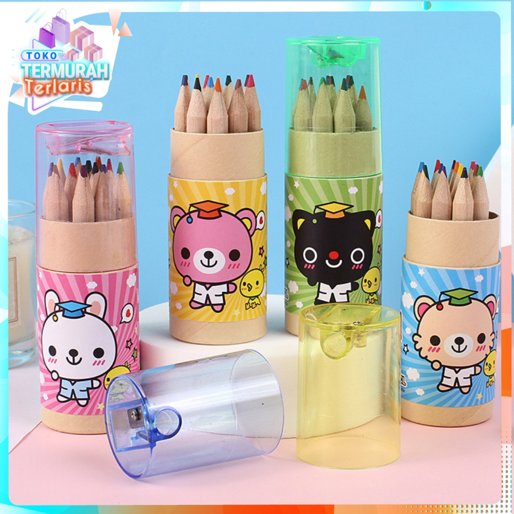 

TTT Pensil Warna 12 IN 1 + Serutan Pensil Color Pencils Quality Pensil Warna Karakter Kemasan Tabung Murah