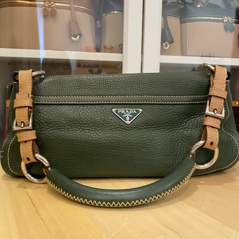 Original Prada Vintage Chic Shoulder Bag - Green Pebbled Leather with Tan Accents
