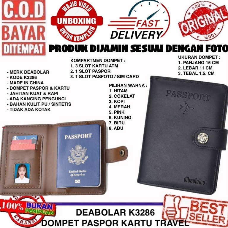 KODE Q2Z COD Deabolar K3286 Dompet Paspor Kartu untuk Travel Bahan Kulit PU  Sintetis Tebal Dengan K