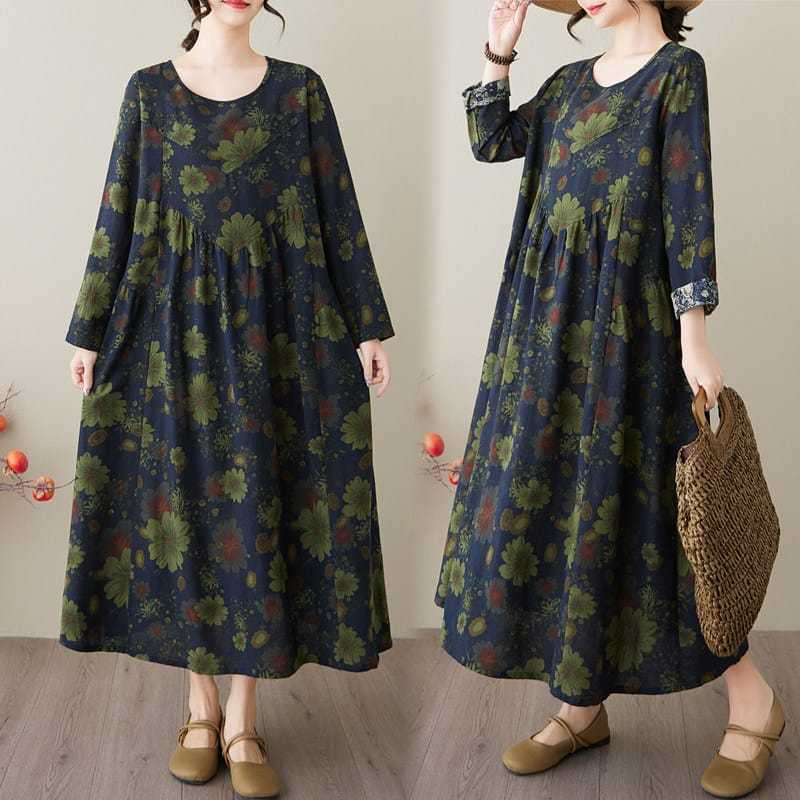LC2032 Premium Oversized Midi Dress Katun Linen Motif Bunga Floral Fashion Retro Terbaru