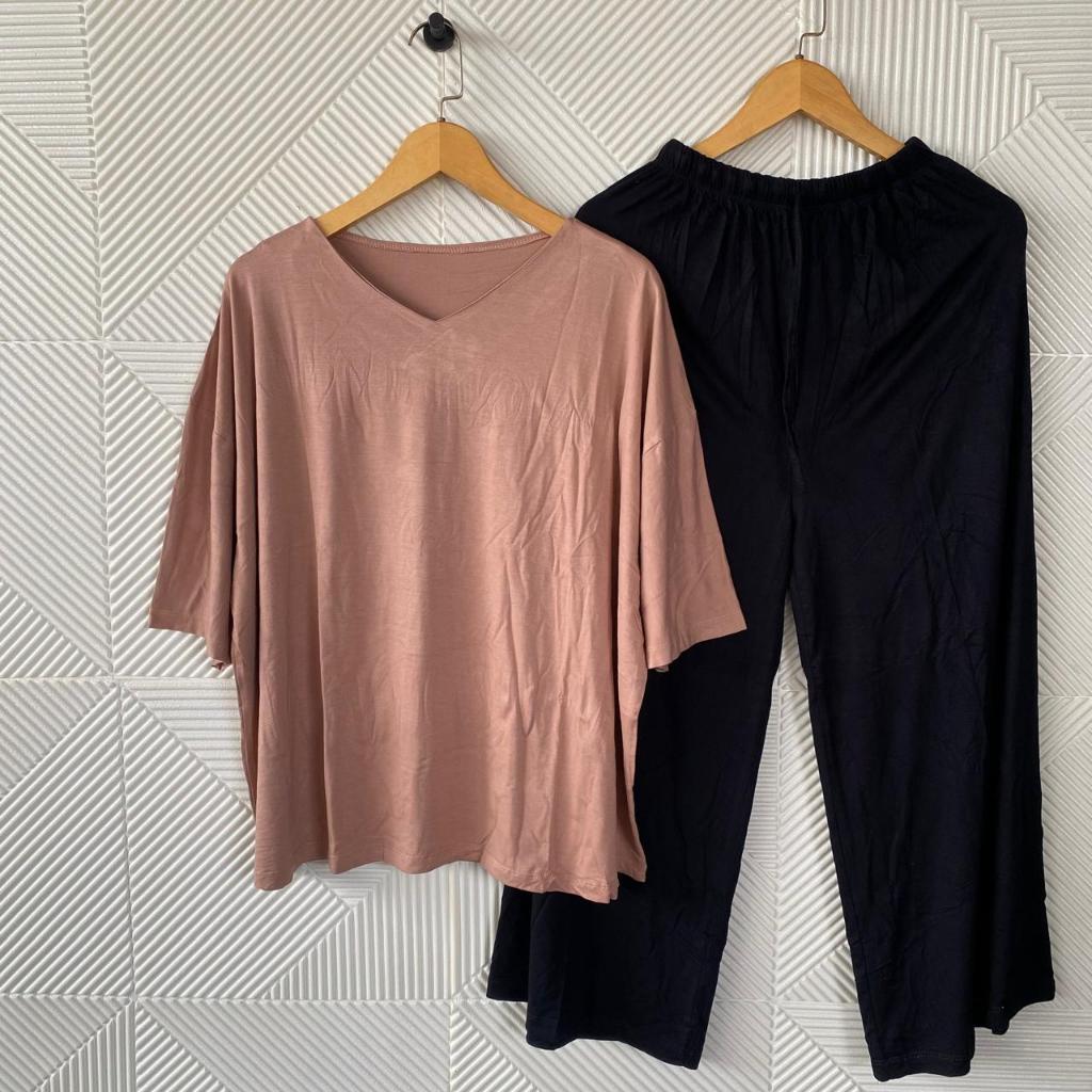 Setelan Celana Panjang Wanita Oversize / Set Atasan Vneck LD 140 / One Set Celana Kulot Super Jumbo