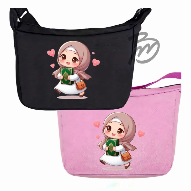 tas selempang anak sekolah TK SD SMP SMA tas selempang pria/wanita motif anak berhijab bawa Al-Qur'a