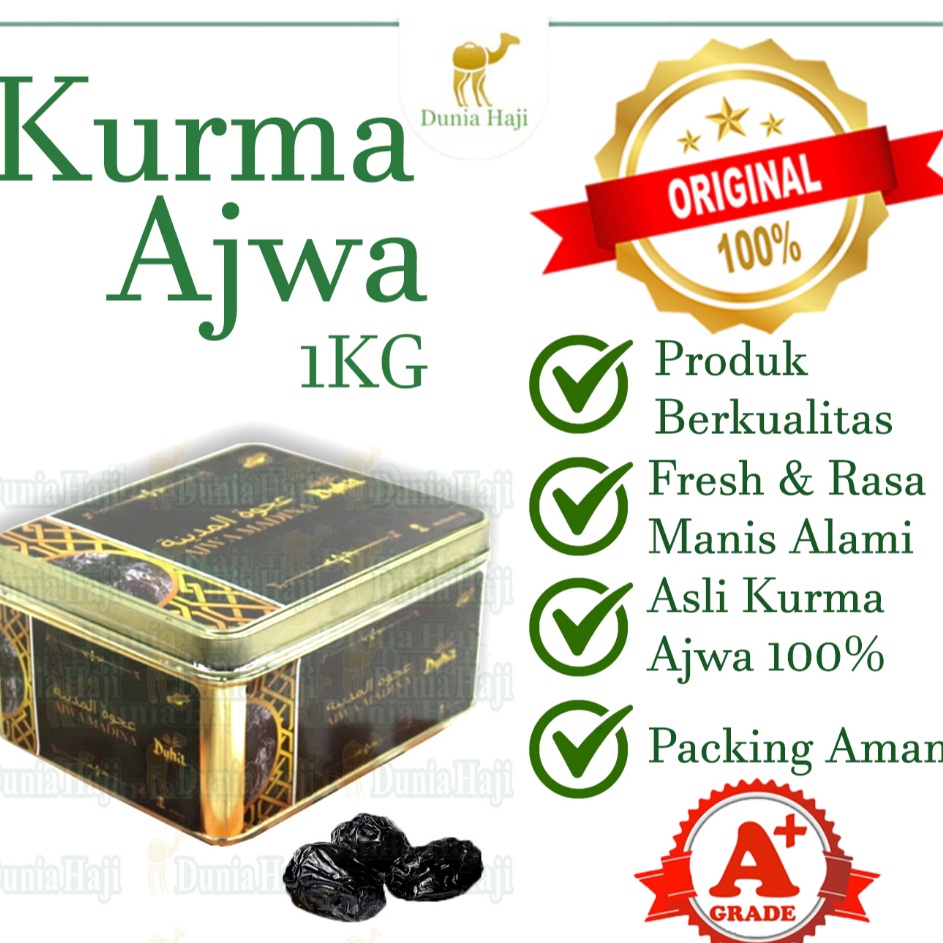 

Hot Kurma Ajwa 1KG Lembut Kemasan KALENG Azwa Ajwah Kurma Nabi Empuk 1 Asli Madinah Premium Exclusive