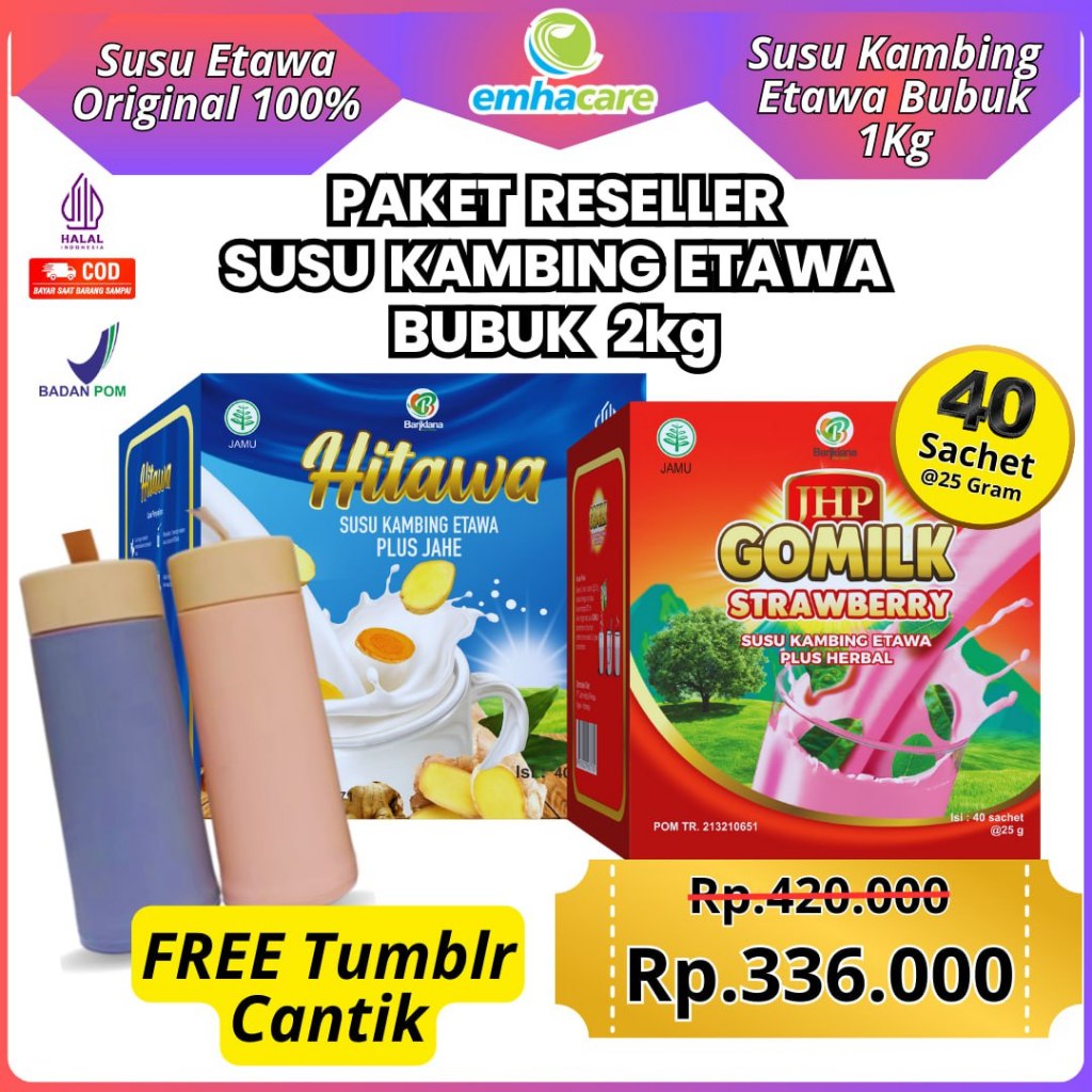 

[GRATIS TUMBLR CANTIK] Paket Reseller Hitawa & Gomilk 2KG Susu Kambing Etawa Nyeri Sendi Otot Tulang