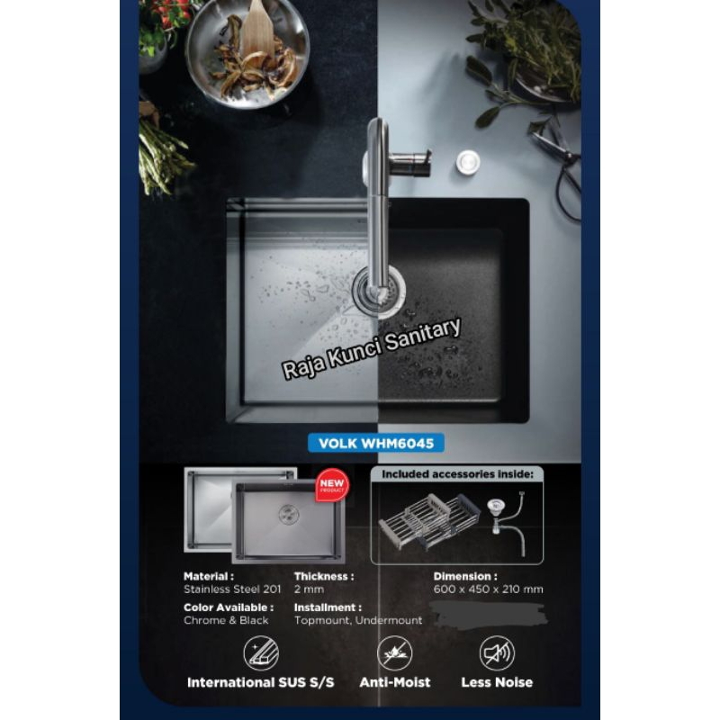 Kitchen Sink/Tempat Cuci Piring/Bak Cuci Piring/Sink Volk/WHM6045/Stainless Hitam/Black
