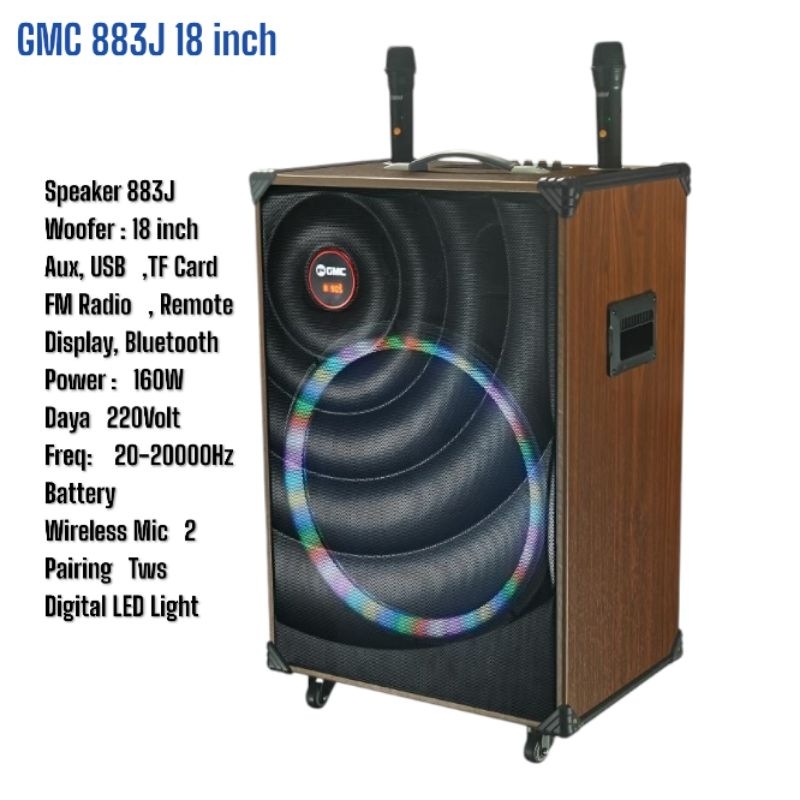 Speaker Portable 18 inch GMC 883J Bluetooth Xbass Free 2 Mic Wireless Original GMC 883 J