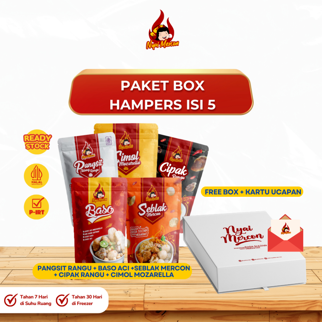 

Nyai Mercon - Paket Hampers Isi 5 (Seblak, Pangsit Rangu, Cipak, Baso Aci, Cimol)