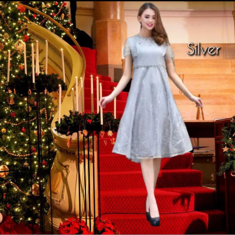 Dress Pesta Wanita Silva LD 94-120 Jumbo Gaun Kondangan Brukat Silver
