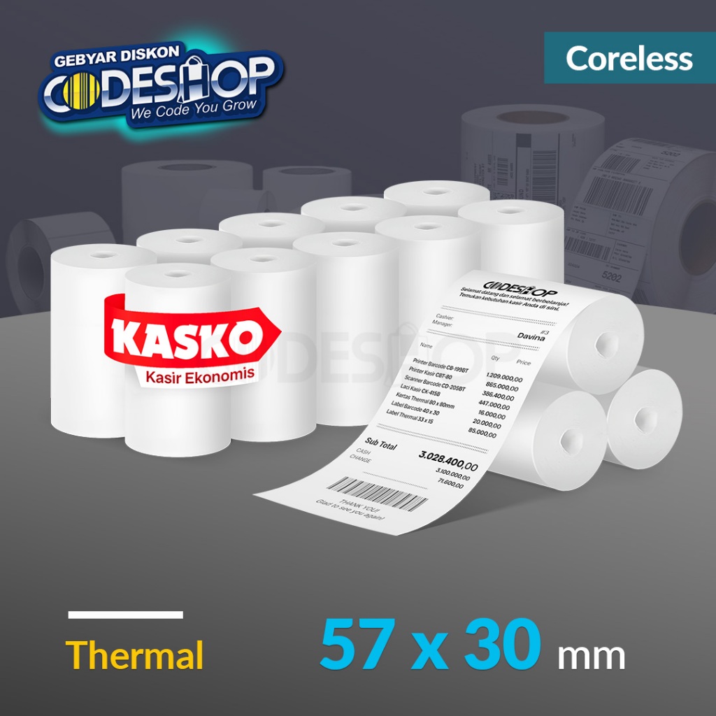

Kertas Thermal 57x30 mm Receipt Paper Roll 58x30 Struk Printer Bluetooth Kasko Kasir Ekonomis