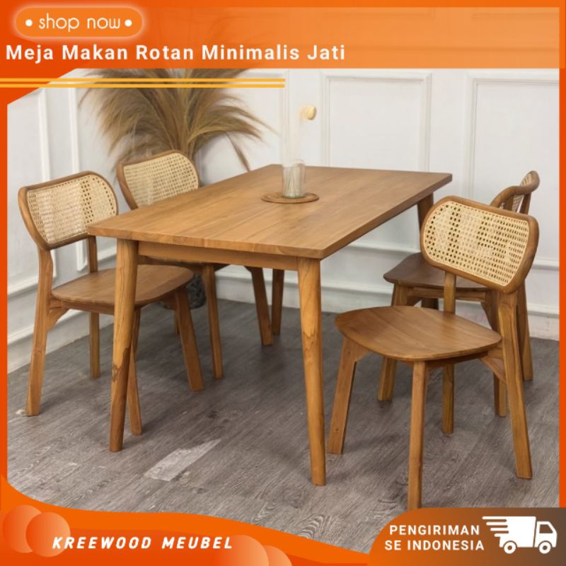 MEJA MAKAN JATI 4 KURSI ROTAN / MEJA MAKAN MINIMALIS 4 KURSI KAYU JATI