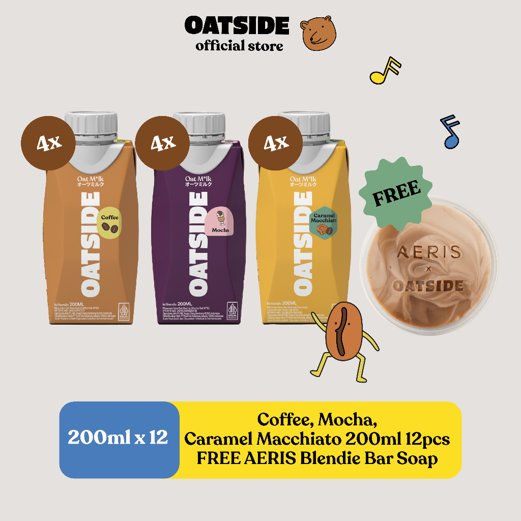 

OATSIDE Mini Cap Mix Coffee, Mocha & Caramel Macchiato 200ml (12 pcs) (Kemasan Tutup Botol) FREE AERIS Blendie Bar