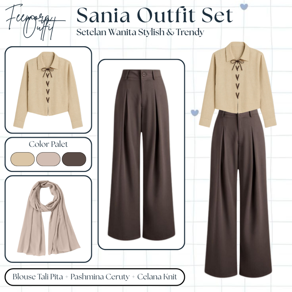 Outfit Set Santai Wanita Stylish & Trend (Blouse, Celana, Pashmina) Setelan Remaja Kekinian - FE19