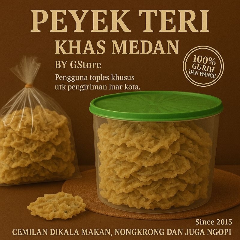 

Peyek Teri 1kg + Toples (diwajibkan pakai toples untuk pengirimam keluar kota)