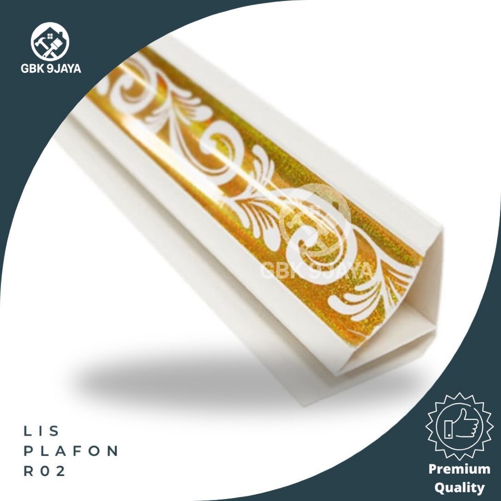 Lis Sudut Siku Elegan Emas R02 Panjang 100cm Lis Plafon PVC Dekoratif Tahan Rayap