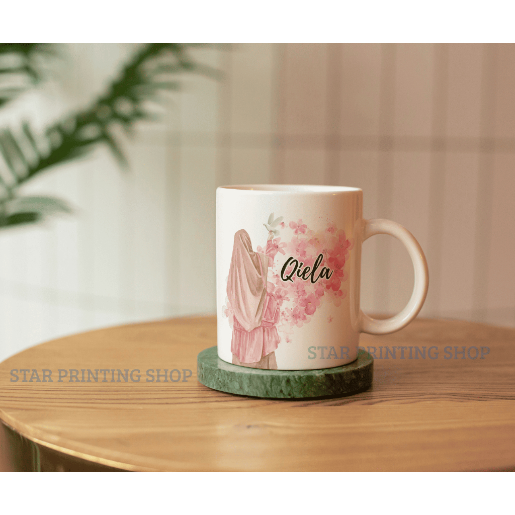 CETAK GELAS MUG CARTOON MUG CUSTOM NAMA HIJAB MUSLIMAH REQUEST NAME GIFT SOUEVENIR