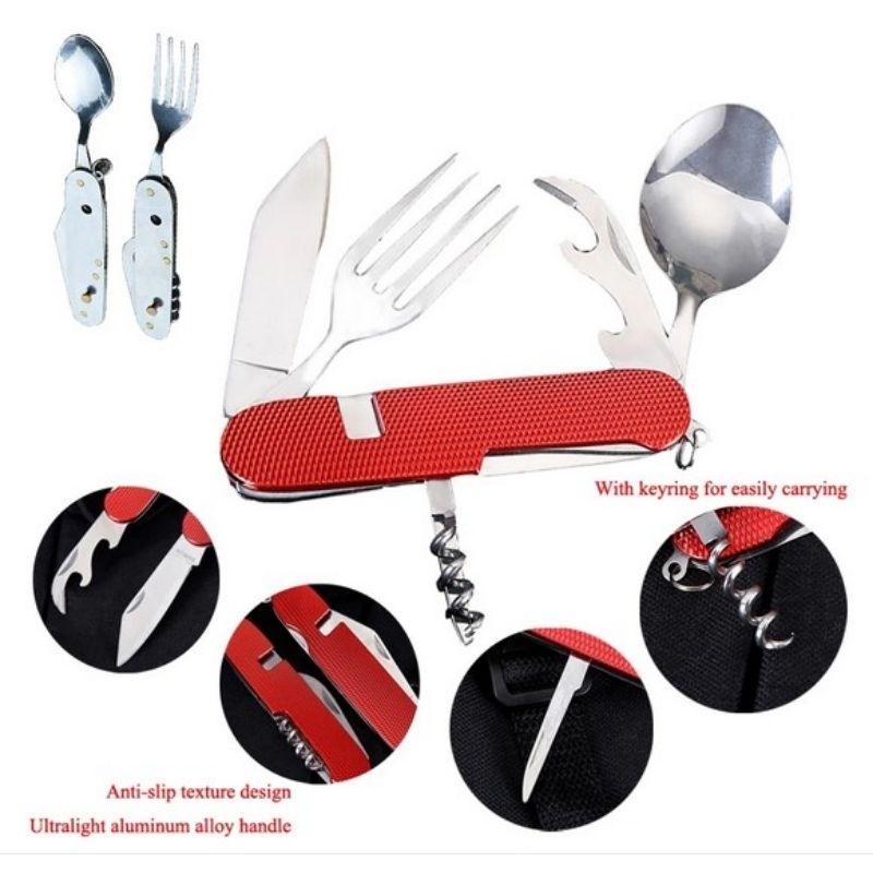 Alat Makan Camping Sendok Garpu Pisau Pembuka Botol Lipat 5 in 1 Multifungsi