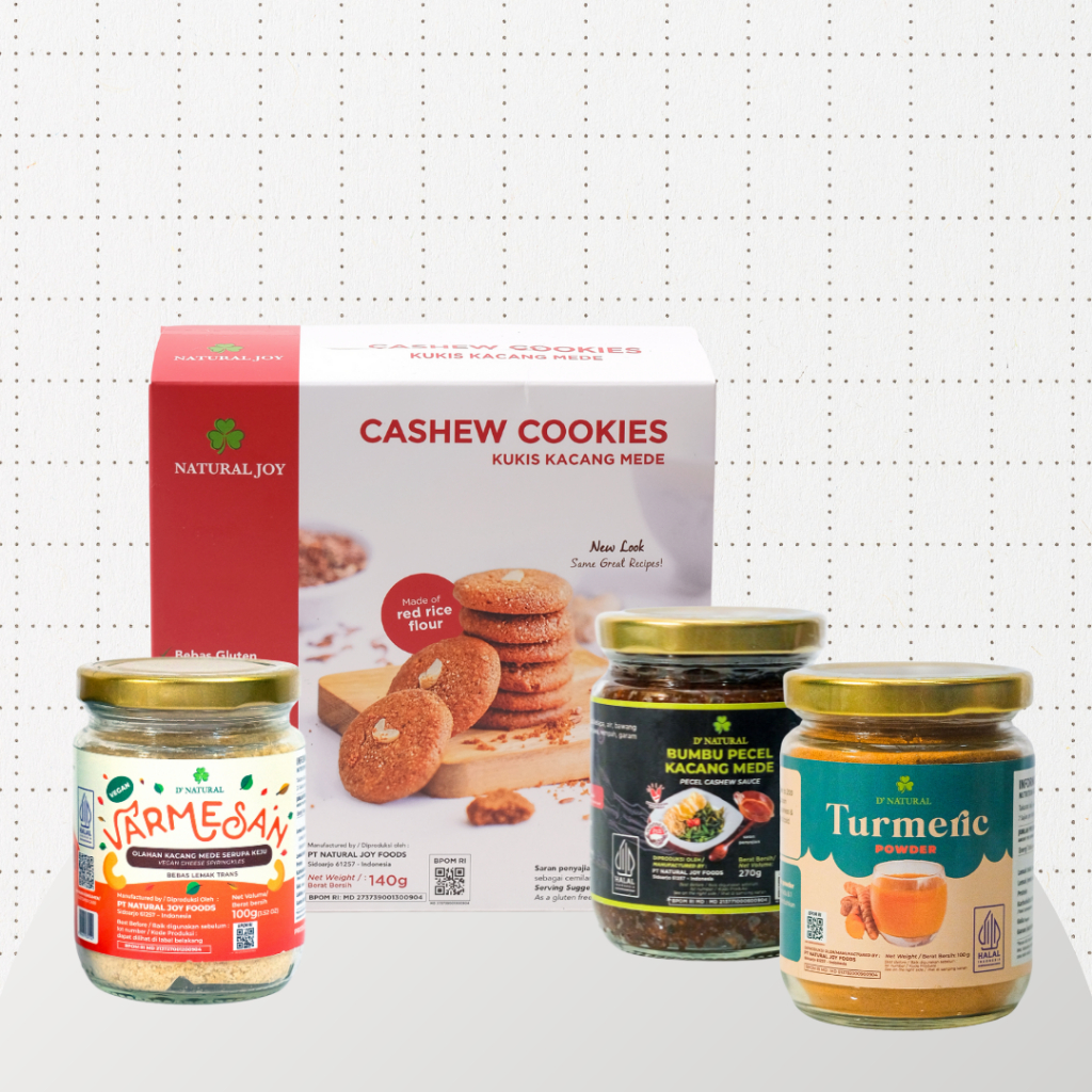 

Paket Komplit Harian (Bumbu Pecel Mente + Varmesan + Cashew Cookies + Bubuk Kunyit)