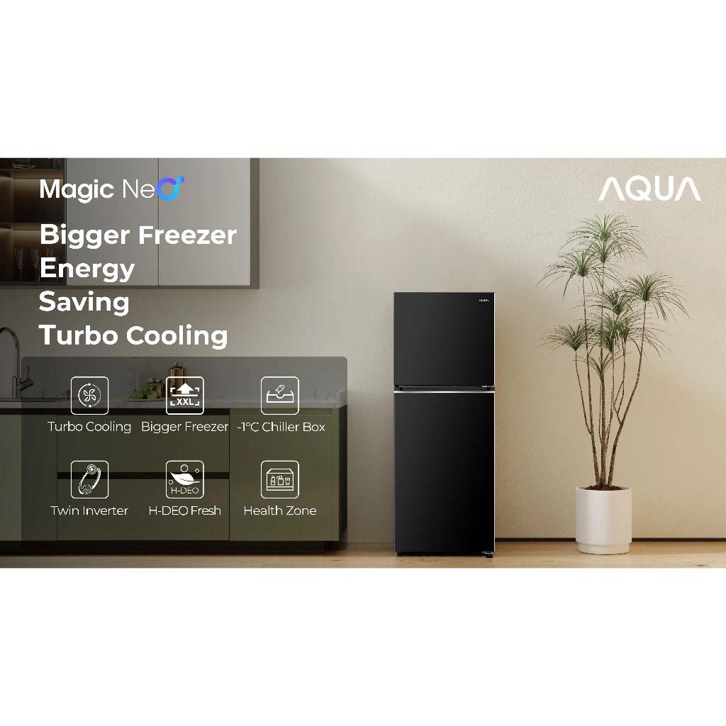 AQUA  KULKAS AQUA AQR-DTM 265 RAP(FB) memiliki fitur Turbo Cooling, Bigger Freezer, -1° C Chiller Bo