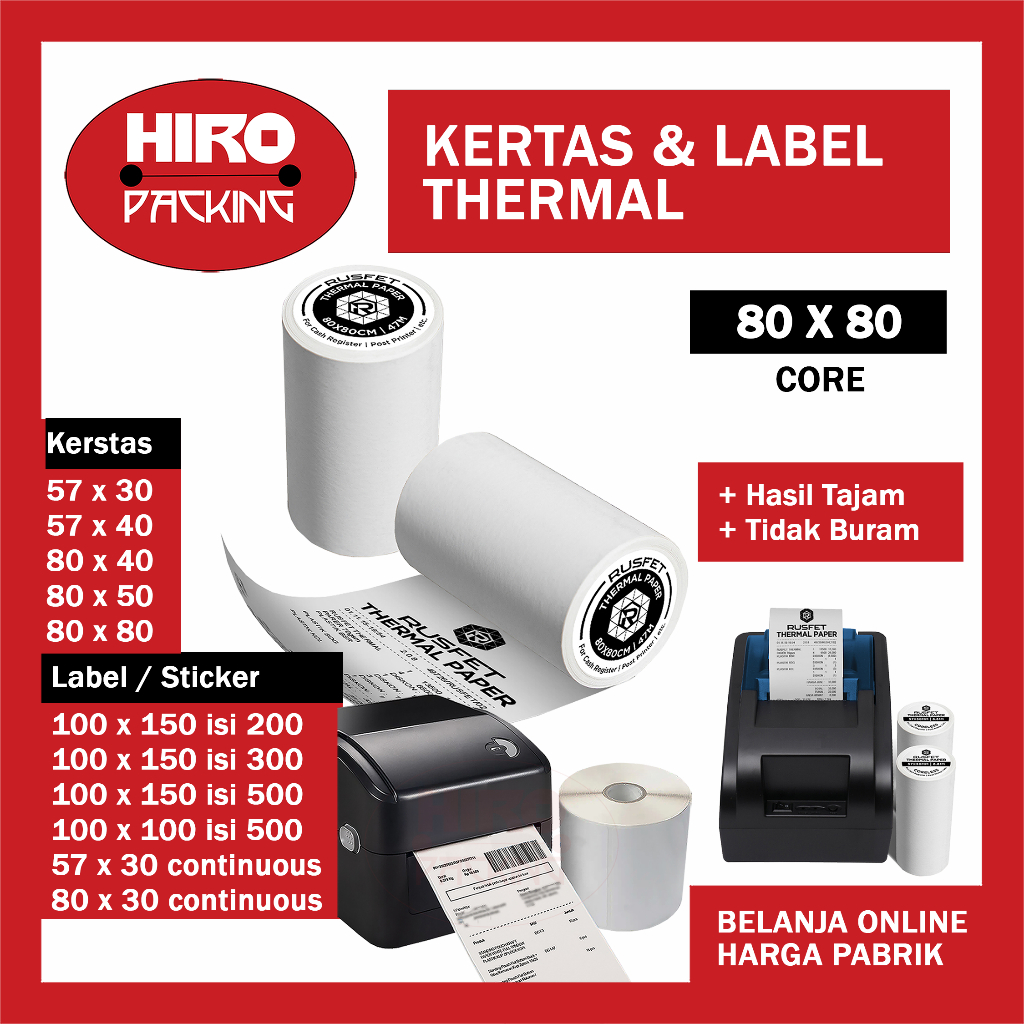 

Kertas Struk Kasir Thermal 80x80 Core 80x50 80x40 57x30 57x40 Coreless Sticker Resi Barcode Pengiriman Produk Roll