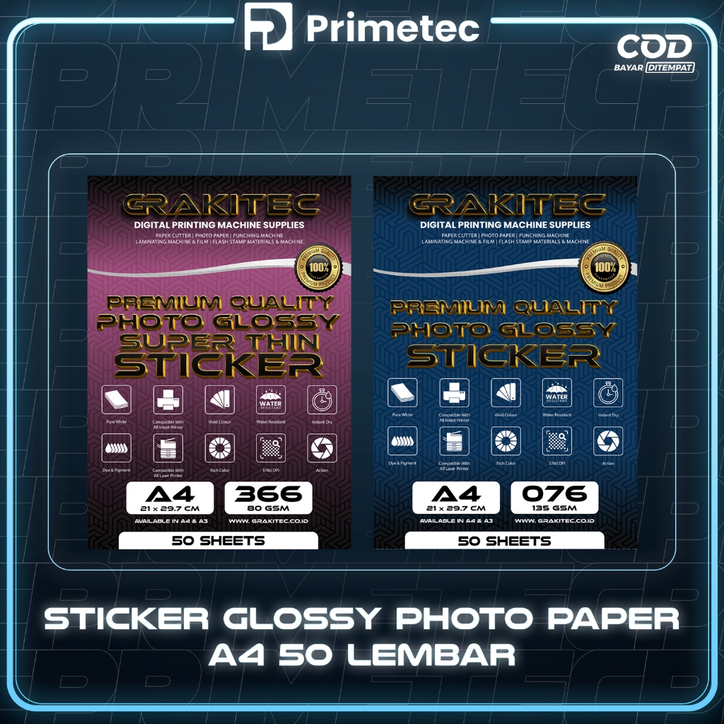 

Sticker Photo Paper Ultra Thin A4 Isi 50 Lembar ( Kertas Foto Sticker Glossy Premium ) 135 atau 80 GSM Primetec