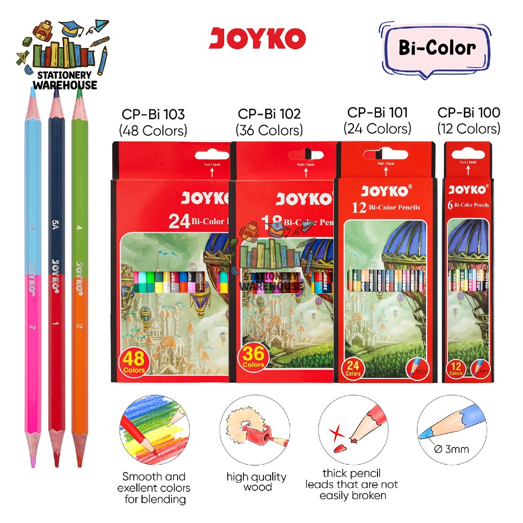 

Pensil Warna Bi-Color JOYKO Pencils Duo Color 2 Warna Per Pensil CP-Bi100 CP-Bi101 CP-Bi102 CP-Bi103 12 warna 24 warna 36 warna 48 warna