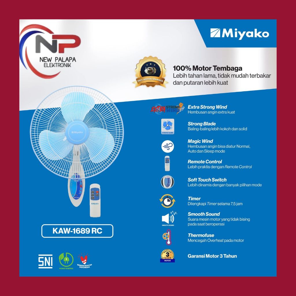 MIYAKO WALL FAN KAW-1689 RC PAKE REMOTE/ KIPAS ANGIN DINDING REMOTE MIYAKO/ KIPAS ANGIN TEMBOK PAKAI
