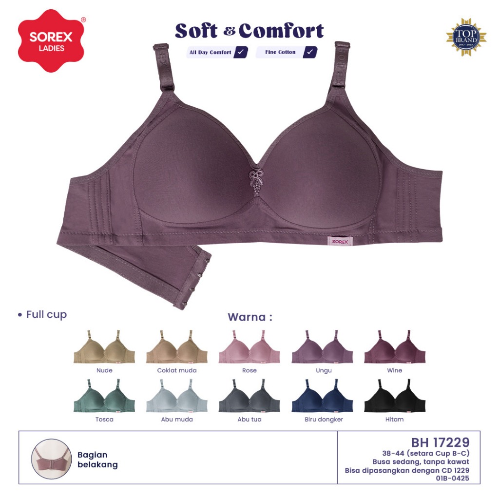 SOREX BRA BH 17229 Tanpa Kawat Busa Sedang Kait 4 (Cup B-C)