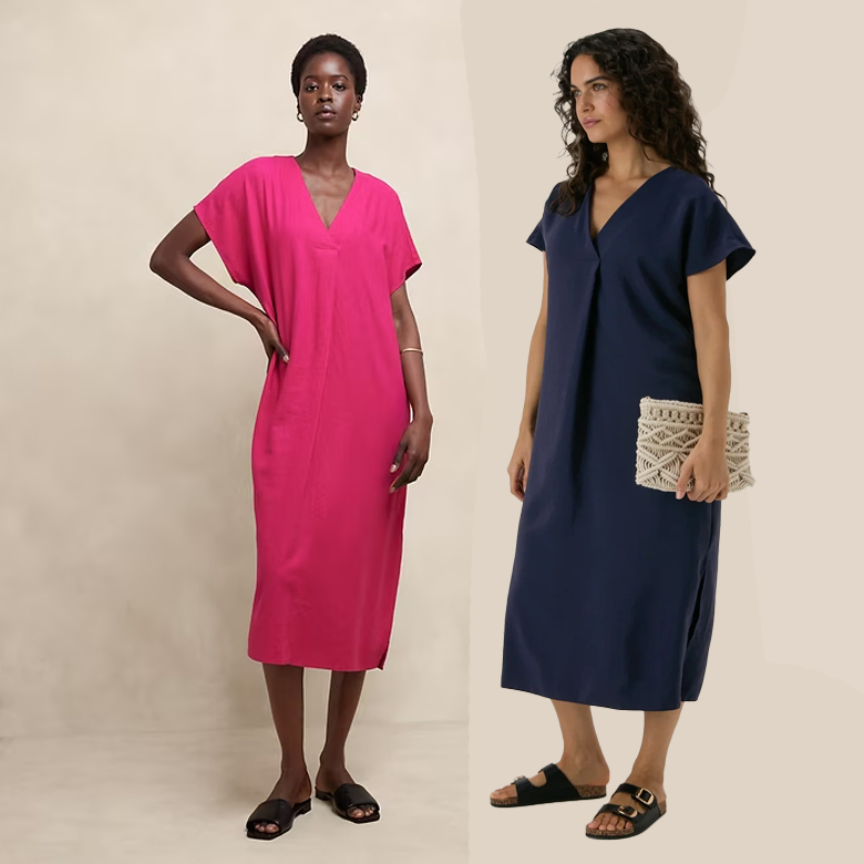 DRESS MIDI LINEN BLEND KAFTAN SHORTSLEEVE V-NECK