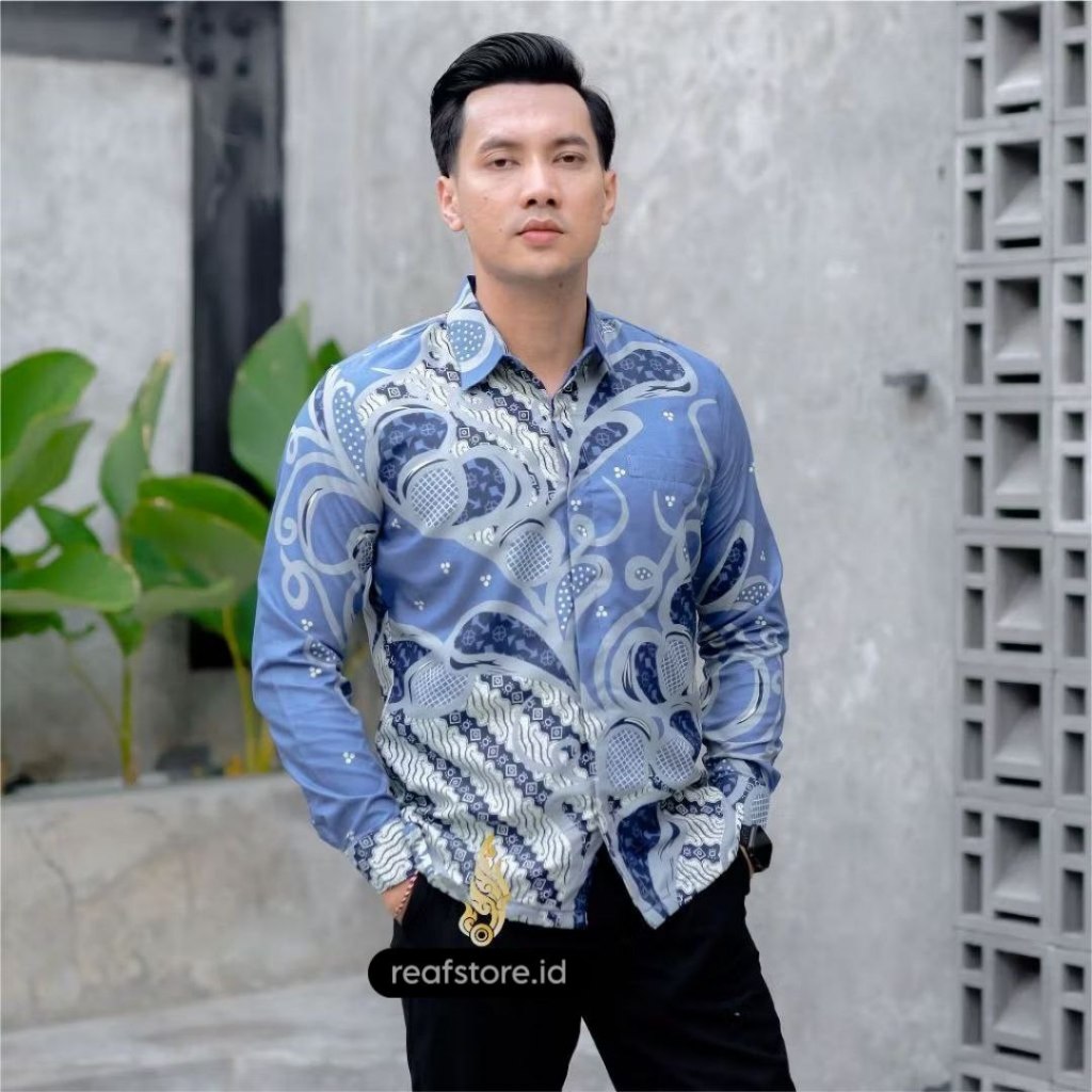 Kemeja Batik Pria Lengan Panjang Warna Biru Denim Formal Casual Baju Batik Kantor Cowok Terbaru