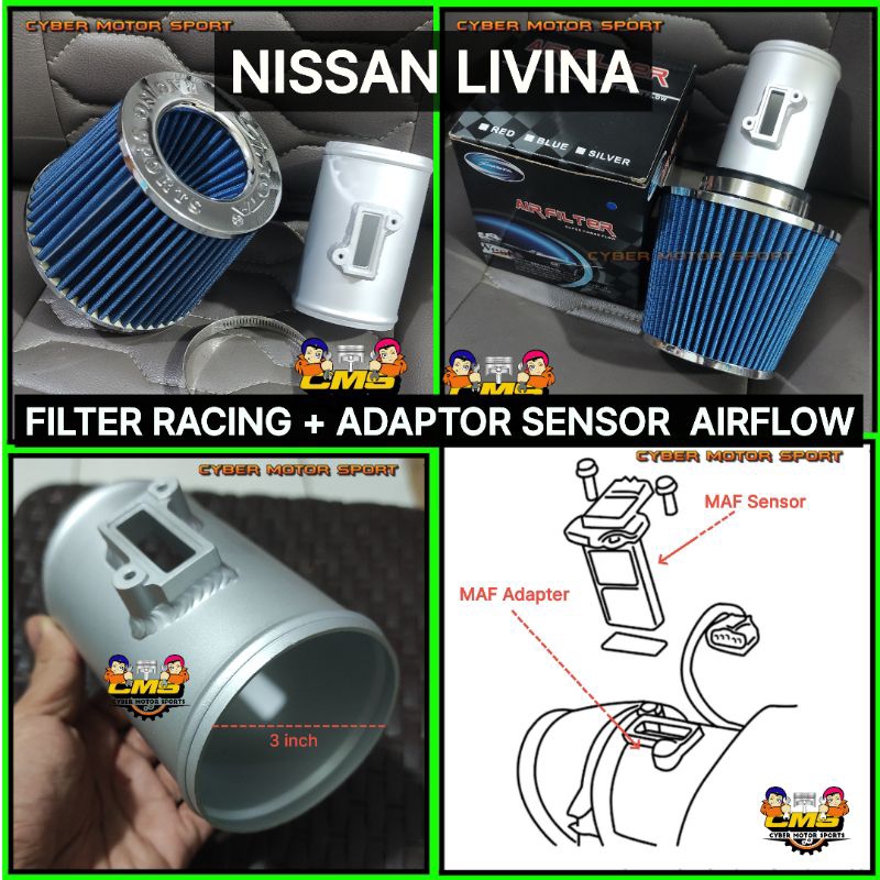 paket Open filter Racing plus Adaptor air flow maf sensor mobil NISSAN Livina. Open Filter udara sim