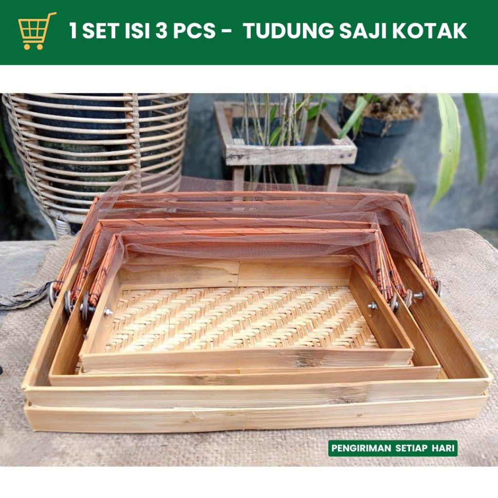 KERAJINAN BAMBU - Tudung Saji Bambu 1 set 3 pcs - Tudung Saji Bambu Kotak - Tudung Saji Natural - Wa