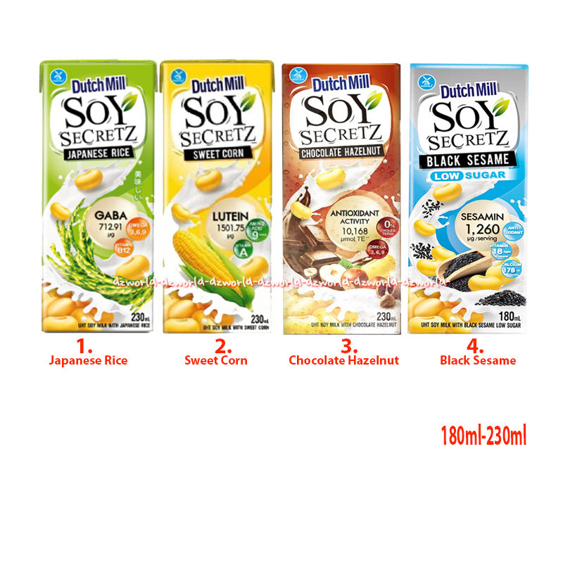 

Dutch Mill 230ml Soy Secretz Chocolate Hazelnut Sweet Xorn Japanese Rice Minuman Susu UHT Dutchmill Sweet Corn Black Sesame