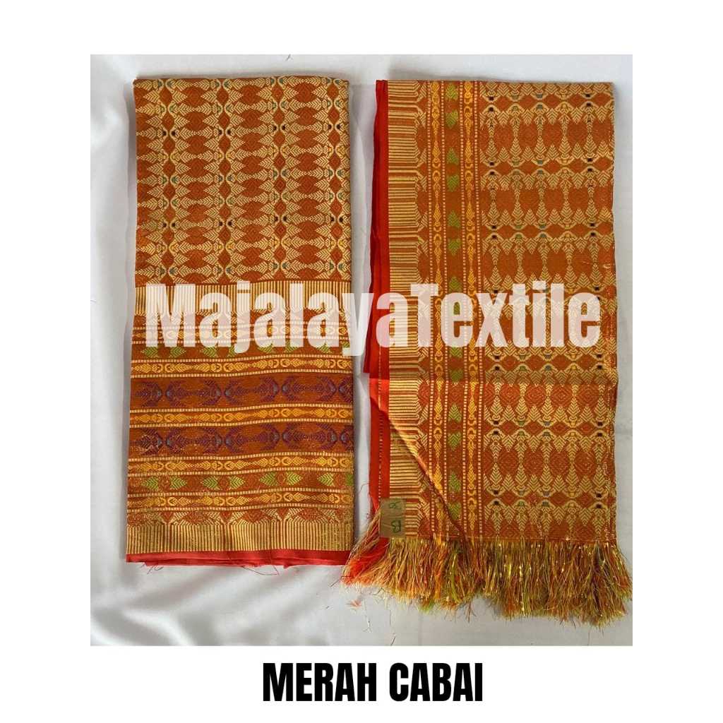 Kain Songket set selendang, kain songket Palembang, kain songket Variasi Warna Merah Cabai