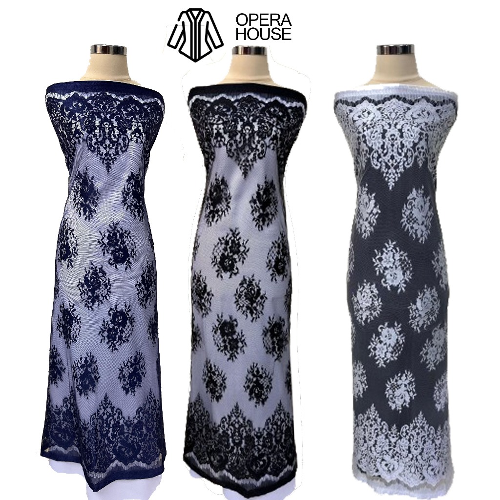 Brokat Bahan Kain Kebaya Semi Perancis Bunga Modern Prancis Navy Bw Offwhite Putih