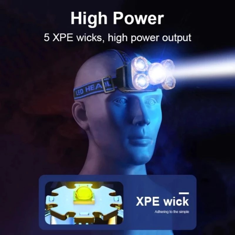 Lampu Senter Kepala Mini 5 LED / Lampu Senter Cas casan USB / Lampu Hiking