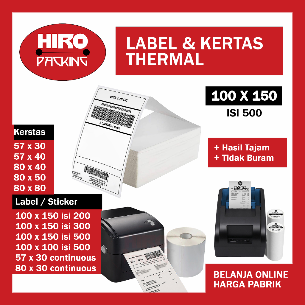 

Kertas Label Thermal Lipat 100x150 isi 500 Sticker Resi Pengiriman 100x100 isi 200 300 Barcode 57x30 80x30 Continuous Kertas Struk Kasir 57x30 57x40 Coreless 80x40 80x50 x 80x80 Core