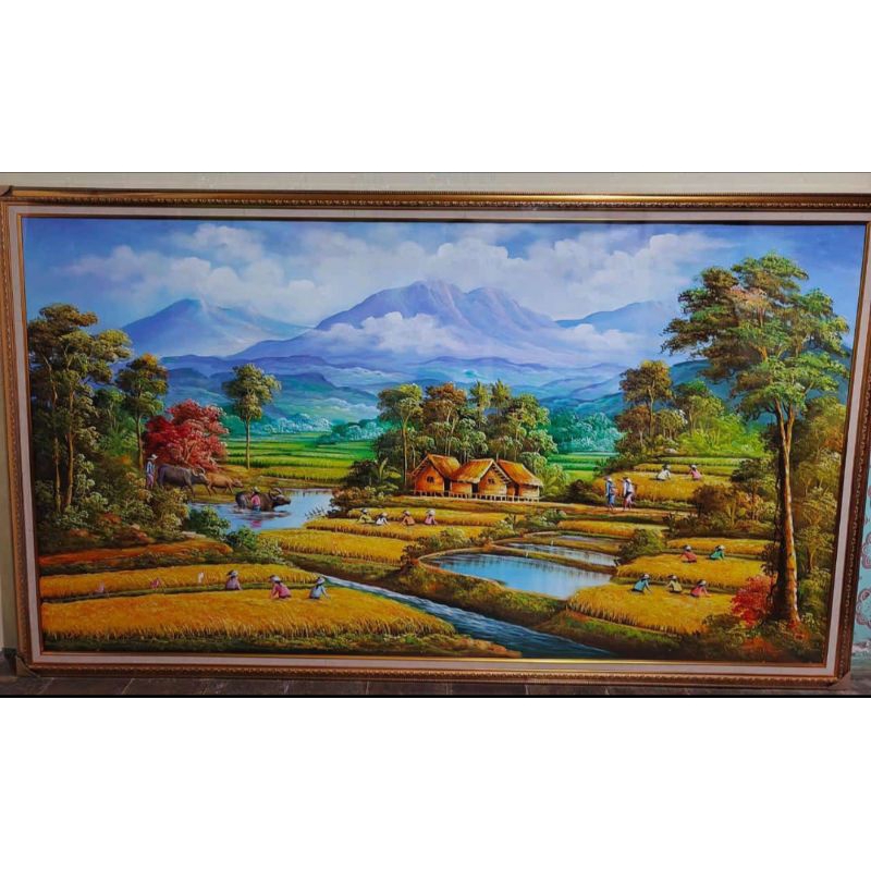Lukisan Pemandangan Alam Panen Padi Raya Ukuran 150x80 Plus Pigura