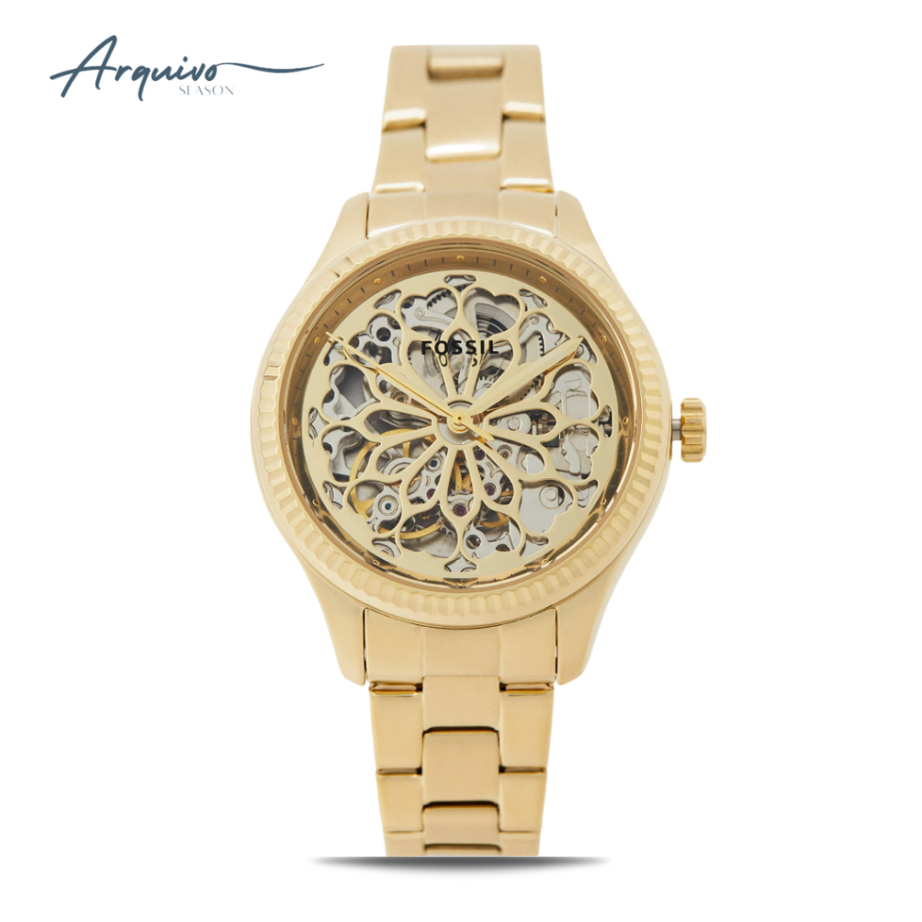 Jam Tangan Fossil Wanita Rye Automatic Stainless Steel Gold Mewah Original BQ3755