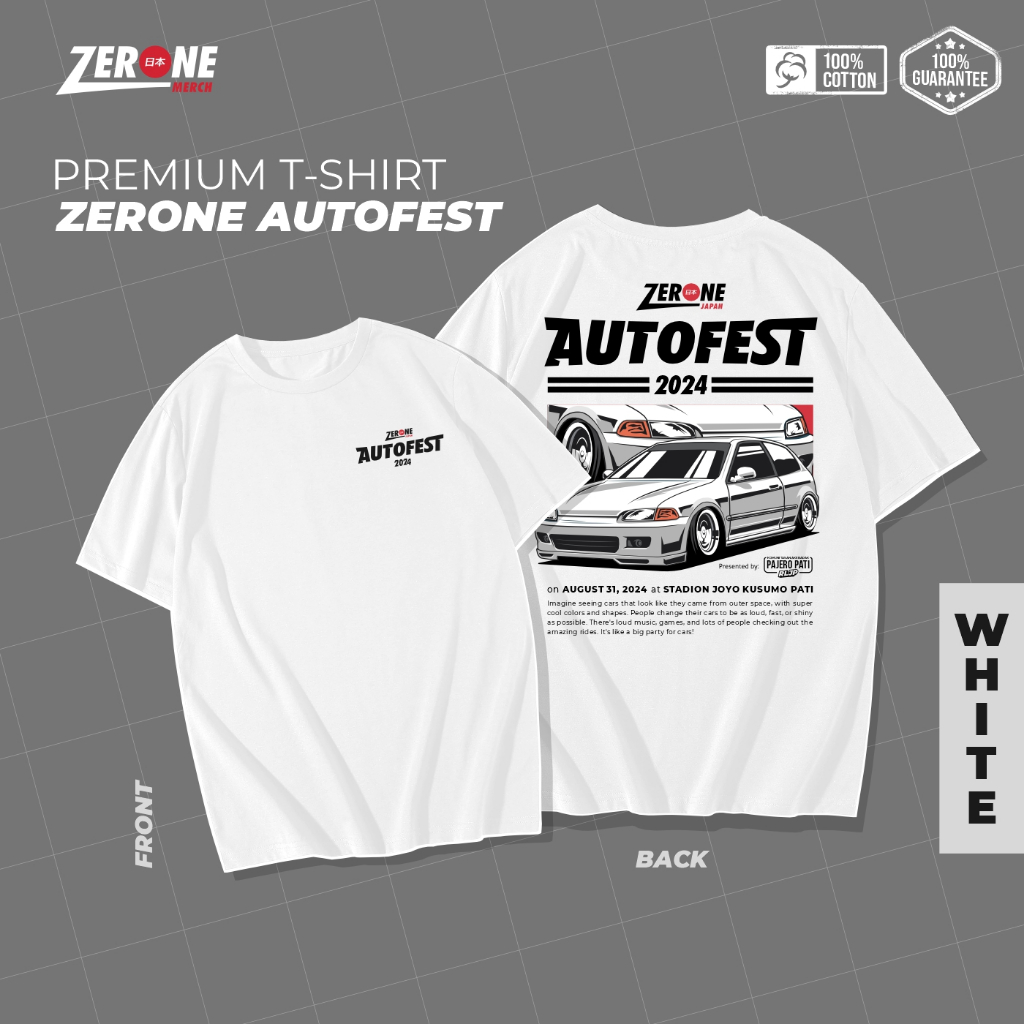 Zerone Japan Basic T-Shirt Autofest White Baju Kaos Pria Wanita Premium