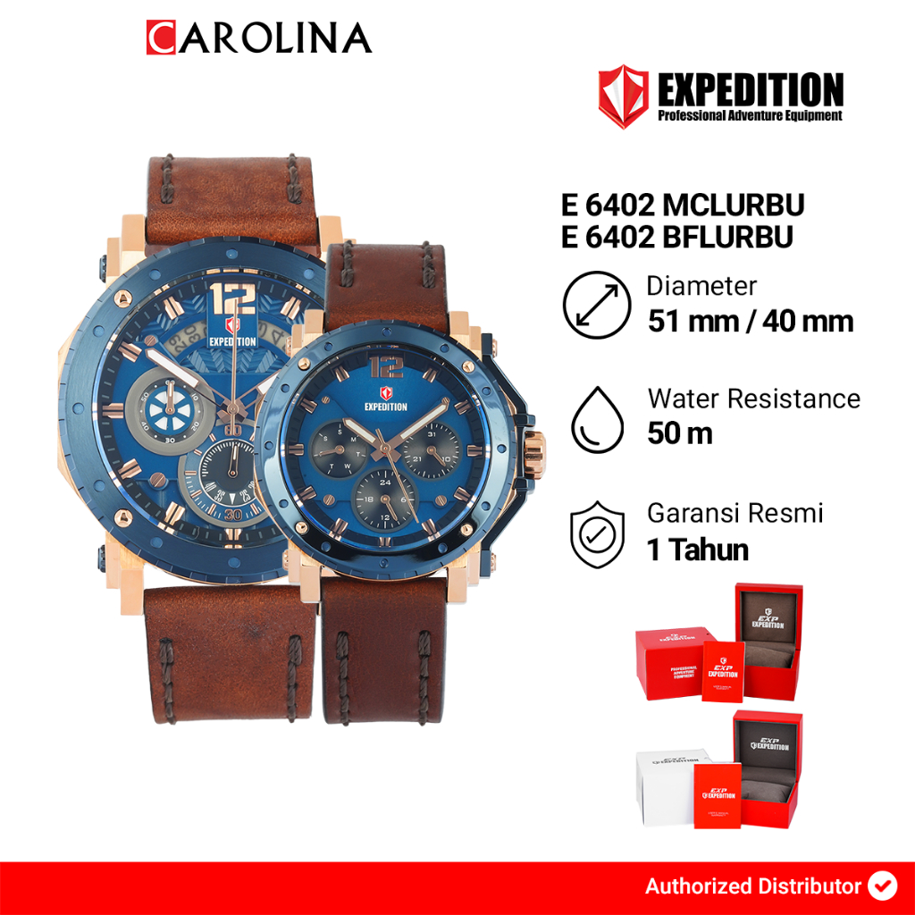 Jam Tangan Couple Expedition Exp E 6402 MCLURBU/E 6402 BFLURBU Blue Dial Brown Leather Strap