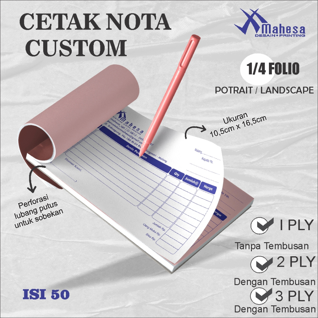 

Cetak Nota/Kwitansi Custom | Nota NCR | Nota 2 Ply | Nota 3 Ply | print Nota 1/4 FOLIO